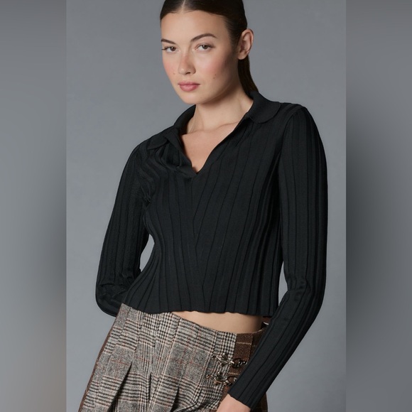 ✨NWT✨ Anthropologie Maeve Ribbed V-Neck Polo Sweater Black Size XS - Picture 3 of 8